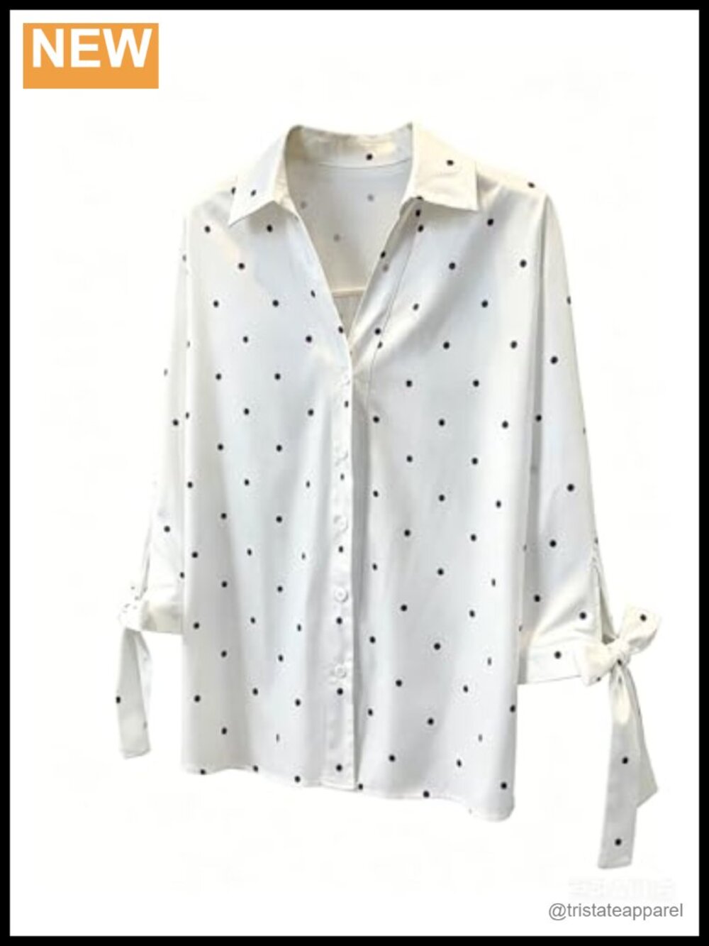 Women's Polka Dots 3/4 Sleeve Button Down Blouse Collared V-Neck Bow Tie